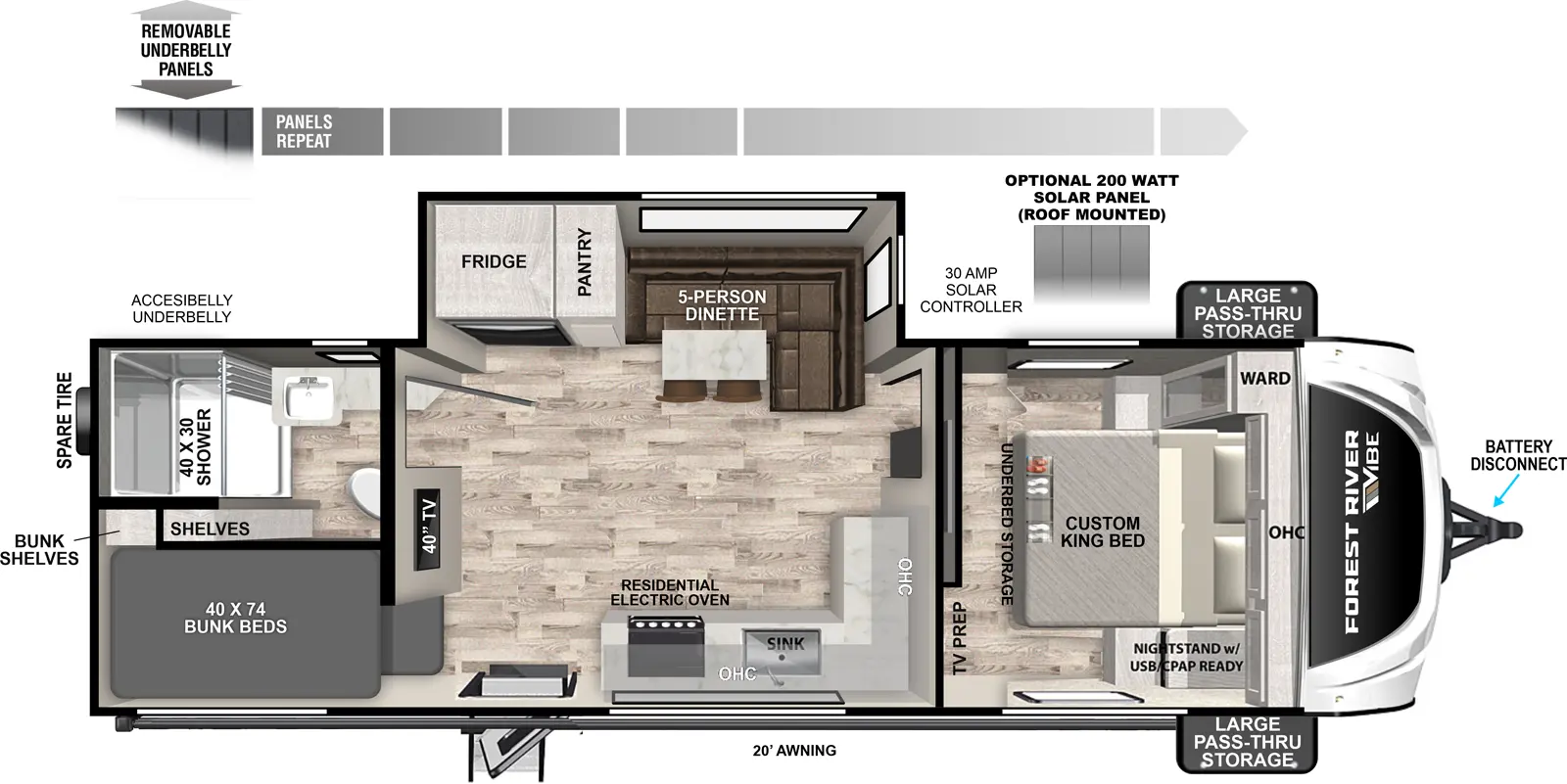 The Vibe 2500DB floorplan has one entry and one slide out. Exterior features include: fiberglass exterior and 20' awning. Interiors features include: bunk beds and front bedroom.